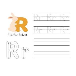 May include: Educational worksheet featuring the letter "R" with a cartoon rabbit. The image includes tracing exercises for uppercase and lowercase "R", along with the phrase "R is for Rabbit". The background is white with a light orange border.