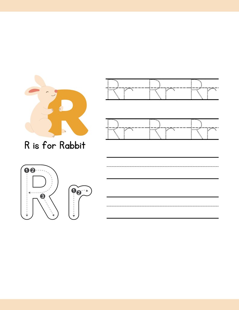 May include: Educational worksheet featuring the letter "R" with a cartoon rabbit. The image includes tracing exercises for uppercase and lowercase "R", along with the phrase "R is for Rabbit". The background is white with a light orange border.