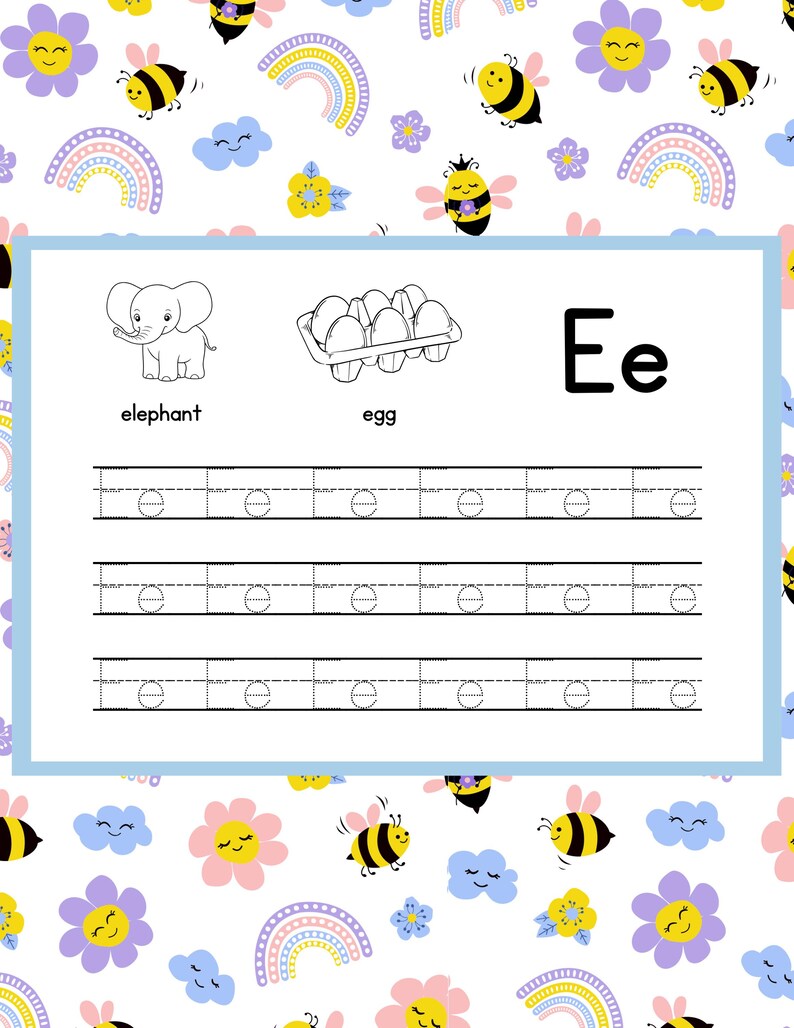 May include: A children's educational worksheet with a white background and a blue border. The worksheet features illustrations of an elephant and eggs, along with the letter "E" and tracing lines. The background is decorated with bees, rainbows, flowers, and clouds.