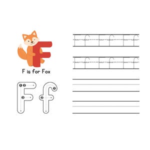 May include: A white educational worksheet with the letter "F" and a cartoon fox. The fox is orange and holding a large red letter "F". The text "F is for Fox" is below the image. The worksheet includes tracing and writing practice lines.