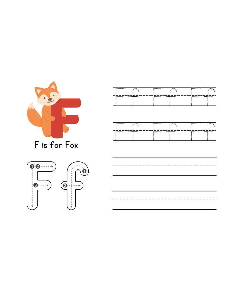 May include: A white educational worksheet with the letter "F" and a cartoon fox. The fox is orange and holding a large red letter "F". The text "F is for Fox" is below the image. The worksheet includes tracing and writing practice lines.