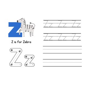 May include: A white background features a blue letter "Z" with a cartoon zebra. The text "Z is for Zebra" is below the letter and animal. Handwriting practice lines and numbered letter "Z" examples are also included.