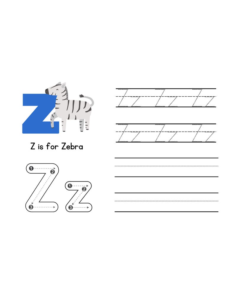 May include: A white background features a blue letter "Z" with a cartoon zebra. The text "Z is for Zebra" is below the letter and animal. Handwriting practice lines and numbered letter "Z" examples are also included.