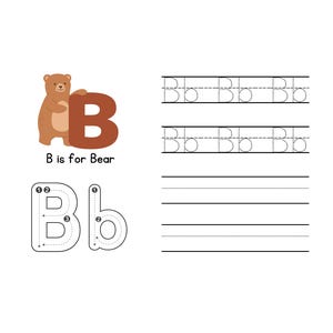 May include: Educational worksheet featuring the letter "B" with a bear illustration. The image includes tracing exercises for both uppercase and lowercase "B", along with lines for writing practice. The text "B is for Bear" is also present.
