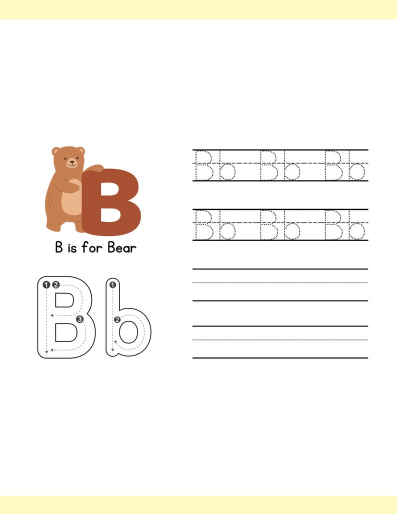 May include: Educational worksheet featuring the letter "B" with a bear illustration. The image includes tracing exercises for both uppercase and lowercase "B", along with lines for writing practice. The text "B is for Bear" is also present.