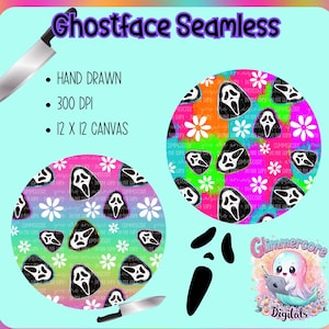 May include: A digital design featuring a seamless Ghostface pattern. The design includes the text "Ghostface Seamless", "Hand Drawn", "300 DPI", and "12 X 12 CANVAS". The design also includes a cartoon ghost character and a knife.