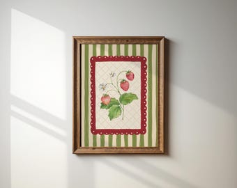 May include: A framed artwork featuring a watercolor illustration of strawberries. The image has a red scalloped border and a green and white striped background. The wooden frame adds a rustic touch to the piece.