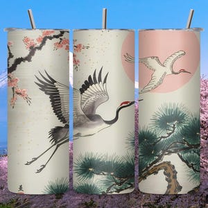 Vaso de grulla japonesa - Elegante arte de sakura y atardecer - Taza de estética asiática tradicional - Regalo de naturaleza zen
