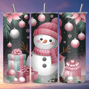 Pink Snowman Christmas Tumbler – Cute Winter Holiday Cup with Gifts and Ornaments, Frosty Scene, Cozy Pink Hat & Scarf Design