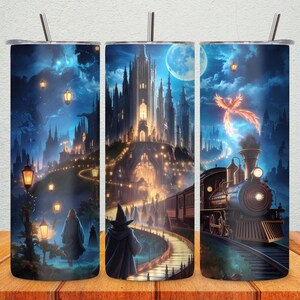 Vaso de Castillo de Mago Mágico, Arte Fantástico de Tren Encantado, Taza de Café de Brujería, Regalo Místico para Amantes de la Magia, Artículos para Bebidas de Noche Estrellada