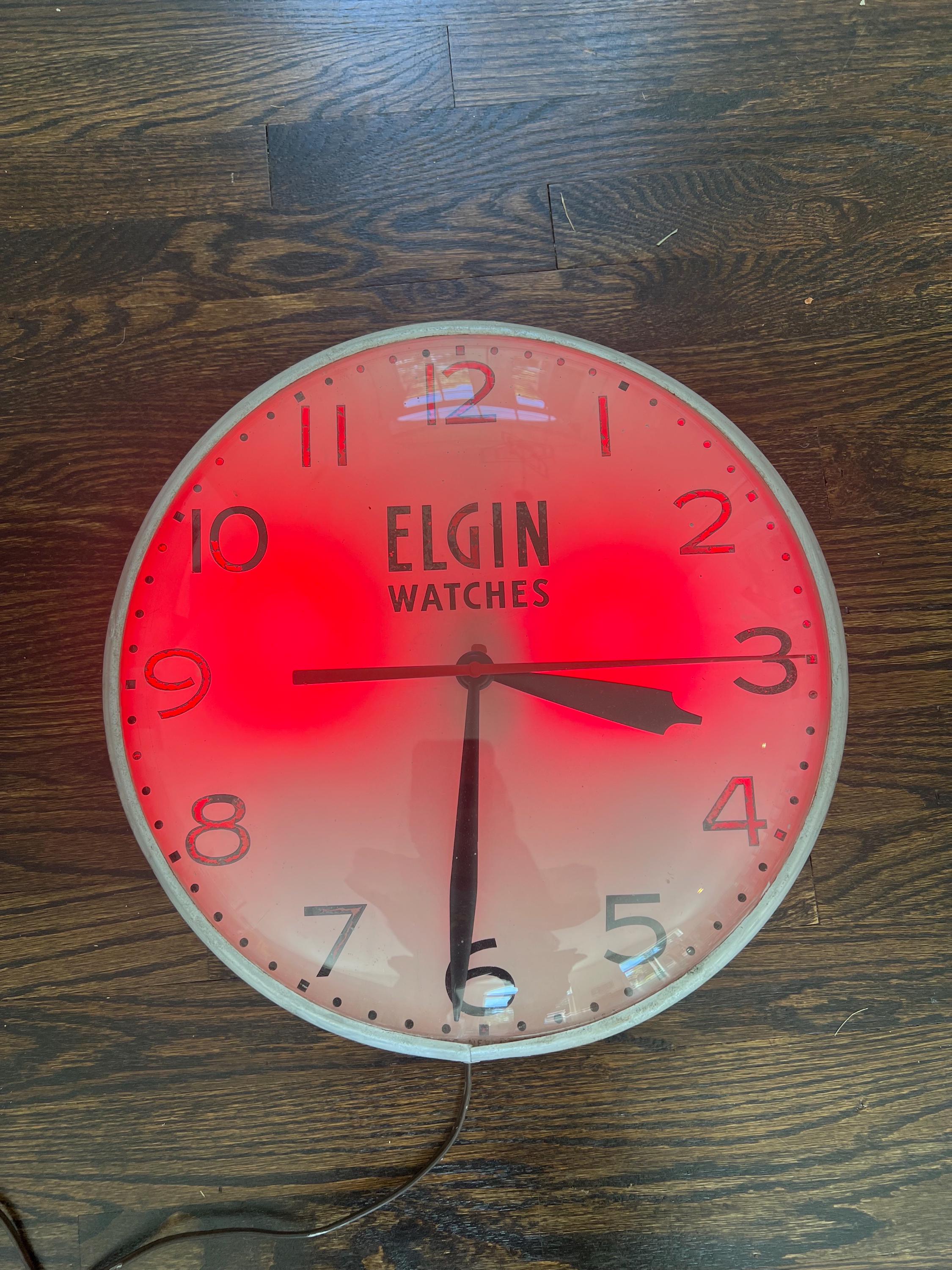 Vintage Elgin Watches Advertising Wall Clock. Works! Lights Up