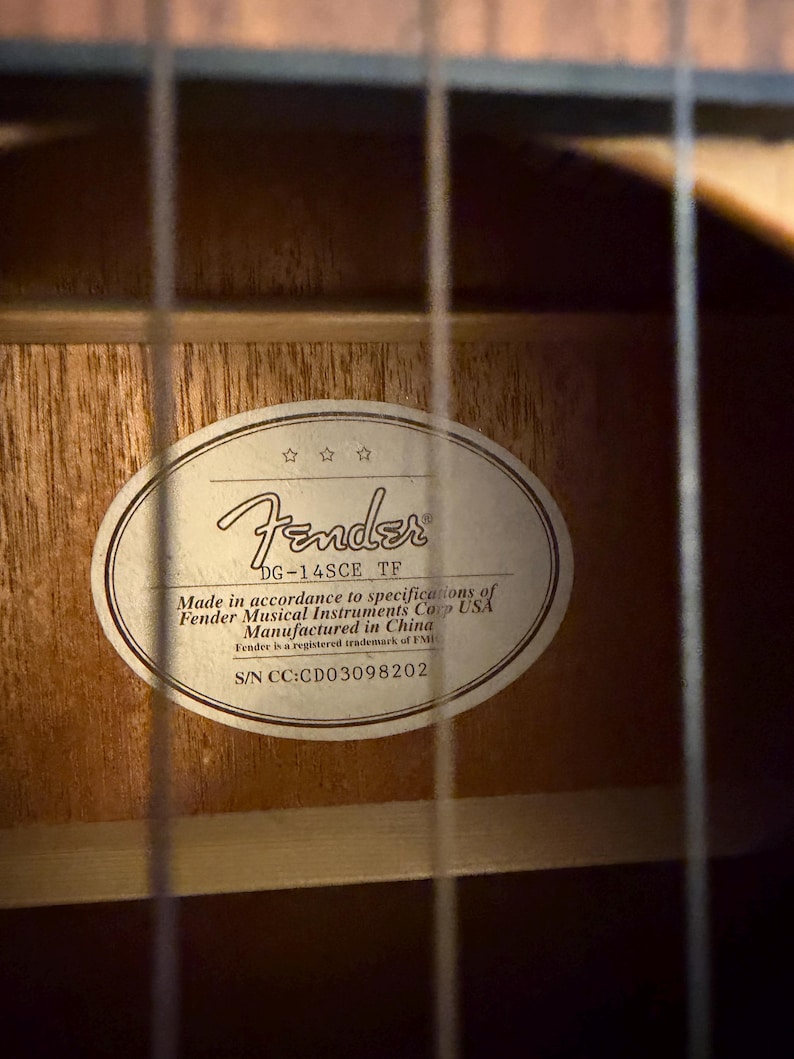 Pu&ograve; includere: Primo piano dell'interno di una chitarra acustica, con l'etichetta Fender. L'etichetta ovale mostra il logo Fender, le informazioni sul modello "DG-14SCE TF" e il numero di serie CC:CD03098202. &Egrave; visibile la venatura del legno della chitarra.