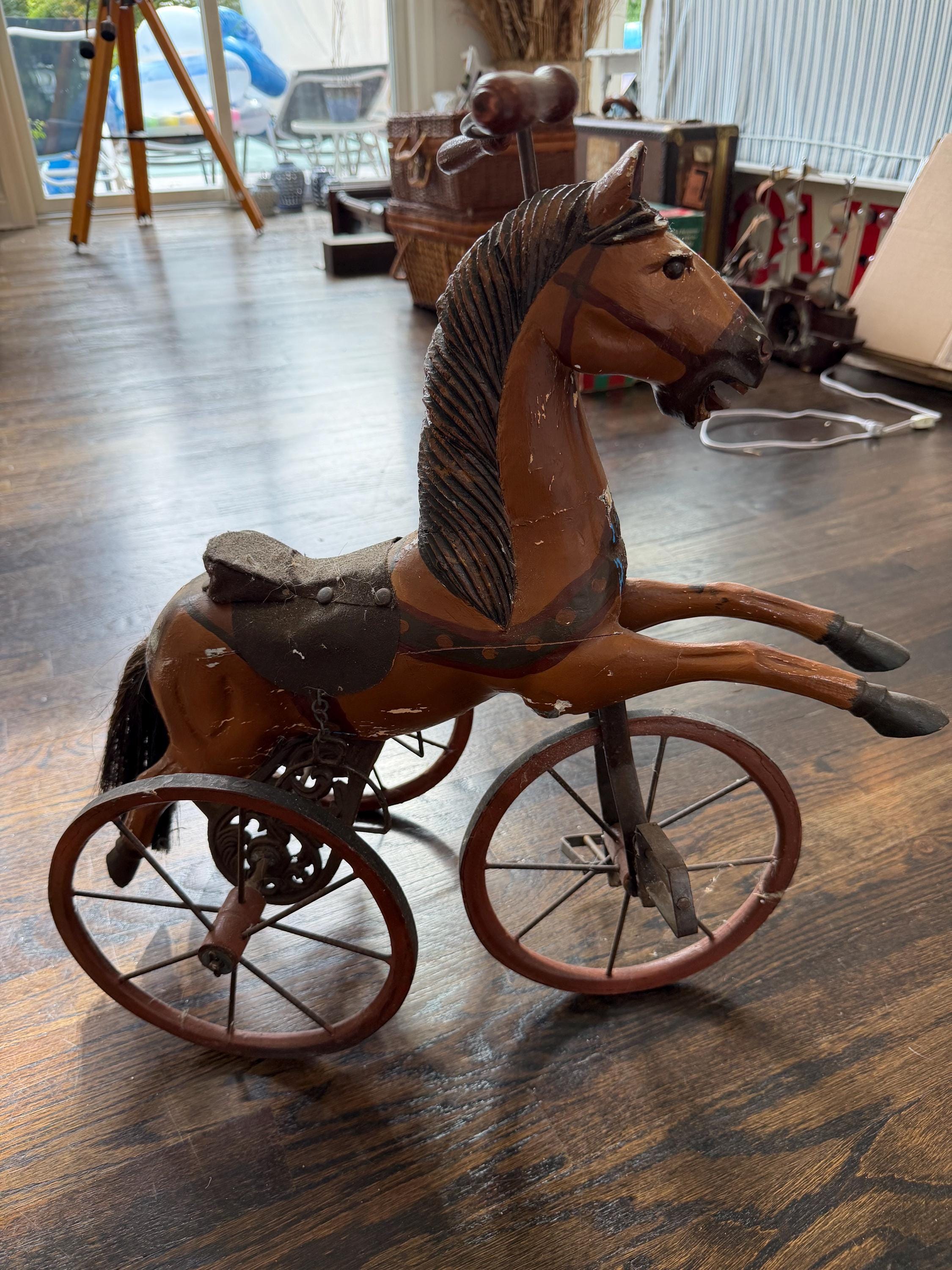 Antique Wooden Horse Tricycle Hand Carved and Painted Working