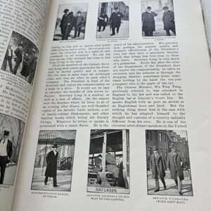 May include: A vintage book page featuring text and monochrome photographs of men in suits and hats. The page is titled "ON THE STREETS AT THE NATION'S CAPITAL" with various names.