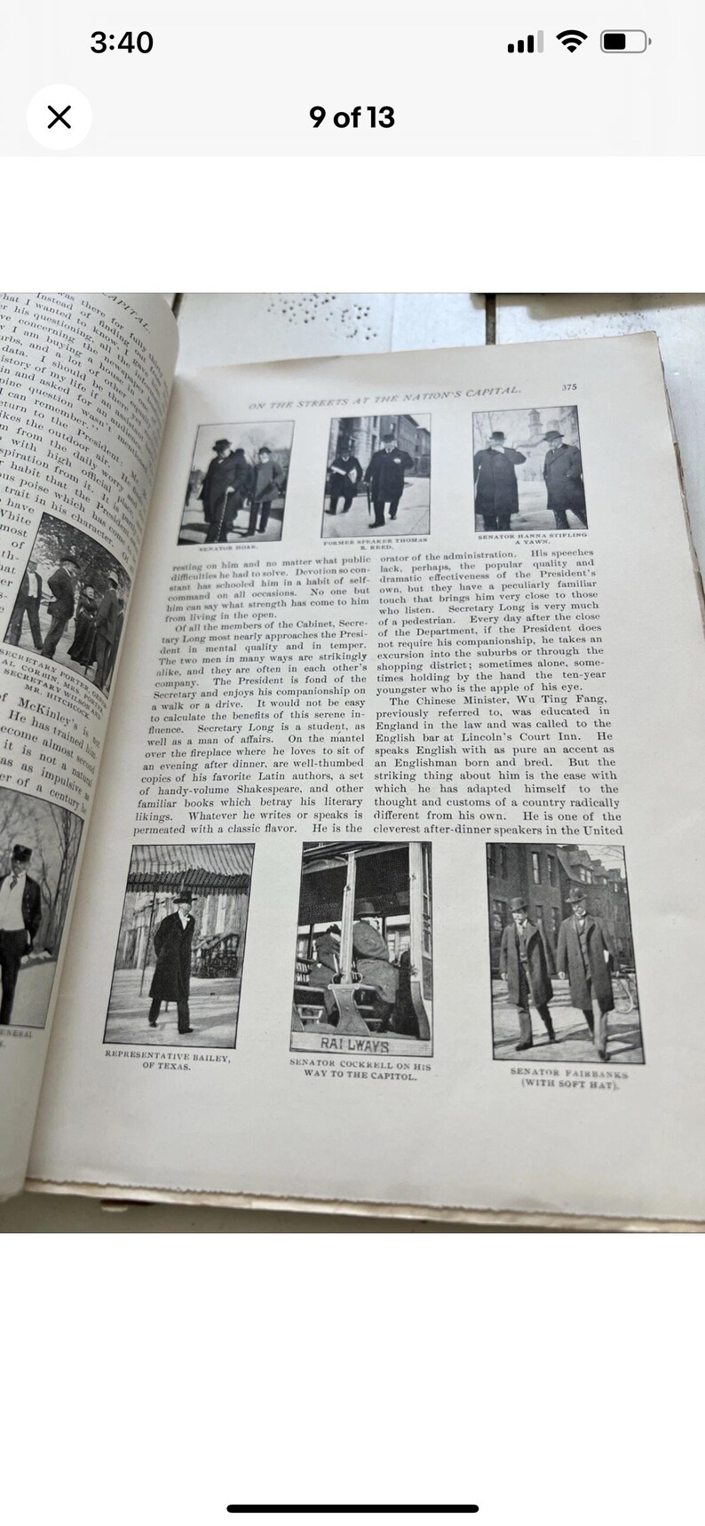 May include: A vintage book page featuring text and monochrome photographs of men in suits and hats. The page is titled "ON THE STREETS AT THE NATION'S CAPITAL" with various names.