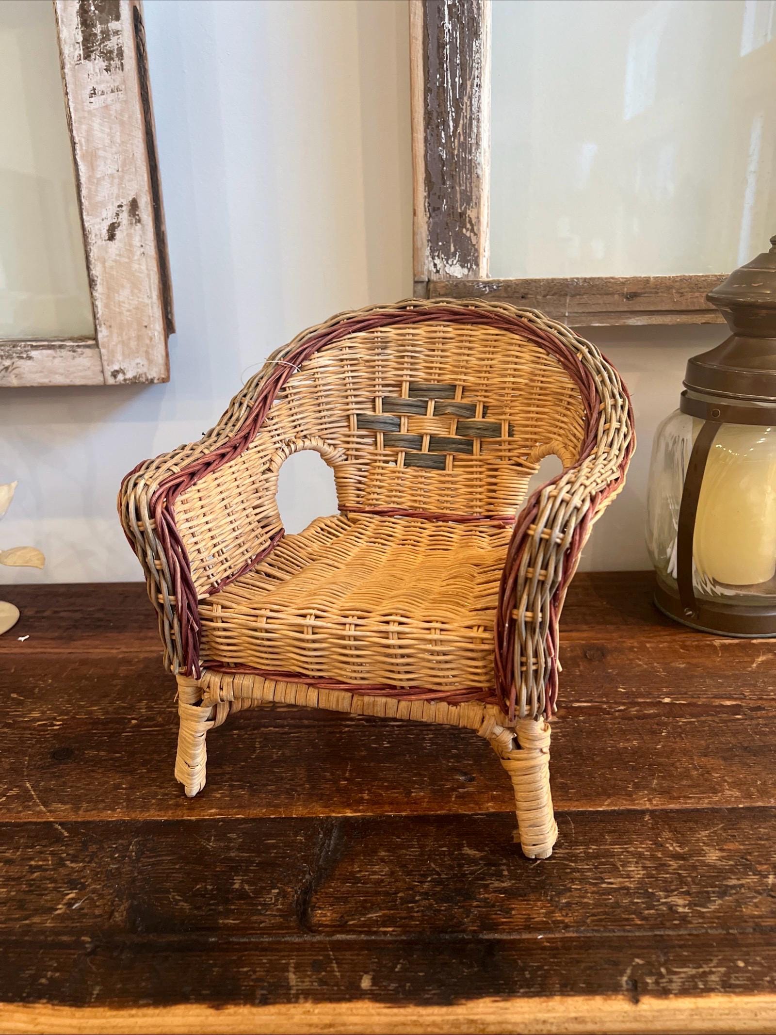 Vintage Wicker Doll Chair Boho Cottage Style 11” Tall 10” W