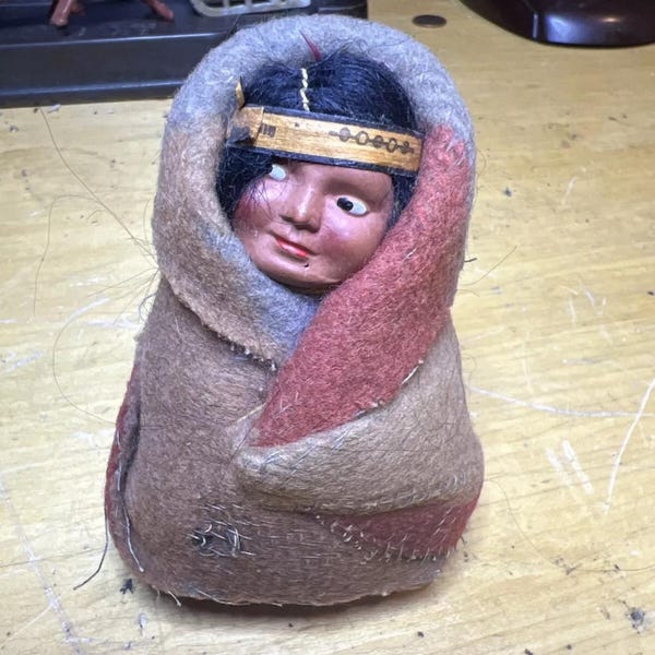 Vintage Skookum Native American Indian 4" Tall Girl Snuggled In Blanket Doll