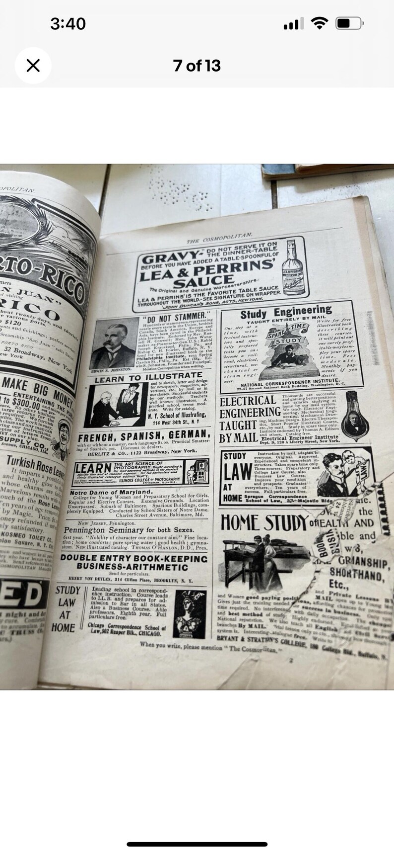 May include: A double-page spread from an old copy of 'The Cosmopolitan' magazine, filled with advertisements. The ads promote education in various fields. The paper is aged, offering a look into the past.