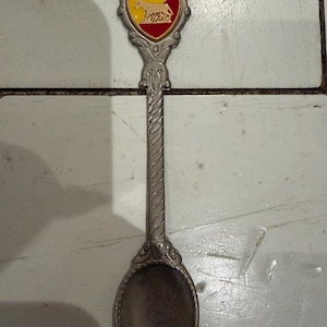 May include: A silver-colored souvenir spoon with a decorative handle and an oval bowl. The spoon's crest features a yellow and red shield with the word "ROMA" and a wolf image. The handle has a twisted design.