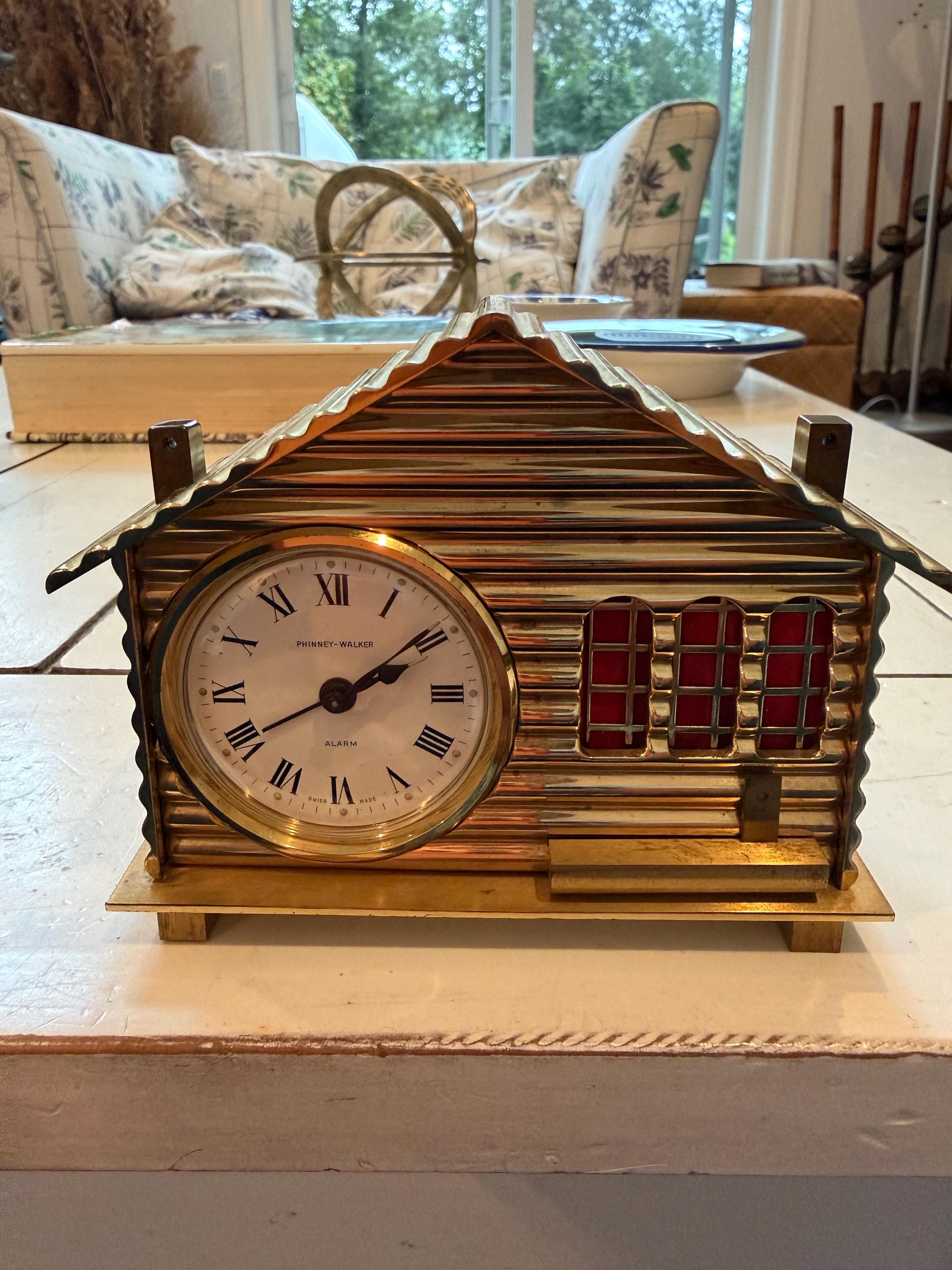 Mid-20th Century Swiss-made Log Cabin Alarm Clock Retailed by