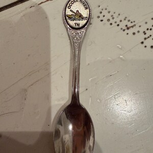 Può includere: Cucchiaio souvenir d'argento con un emblema ovale con la scritta "OCOEE RIVER TN" e una scena di kayak. Il cucchiaio ha un manico ornato e una coppetta lucida. Oggetto da collezione.
