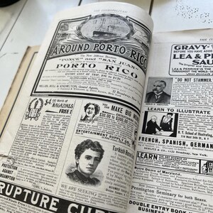 May include: A spread from an old magazine, displaying various advertisements and articles. Headlines read "Around Porto Rico" and "Rupture Cured." The pages show signs of age, with vintage fonts and illustrations, typical of the era.