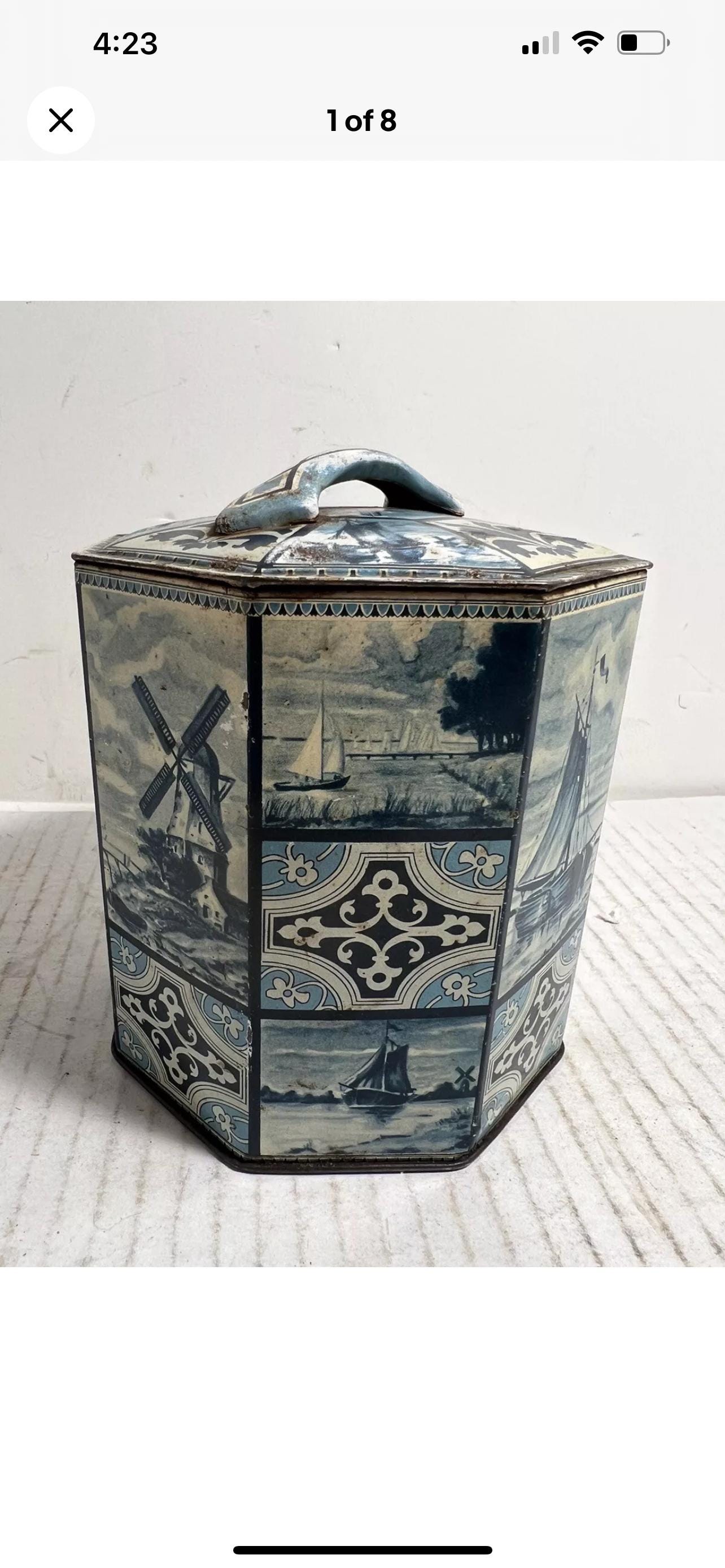 Vintage TEA TIN W/ Lid Dutch Scene Windmill Octagon Shape Made in