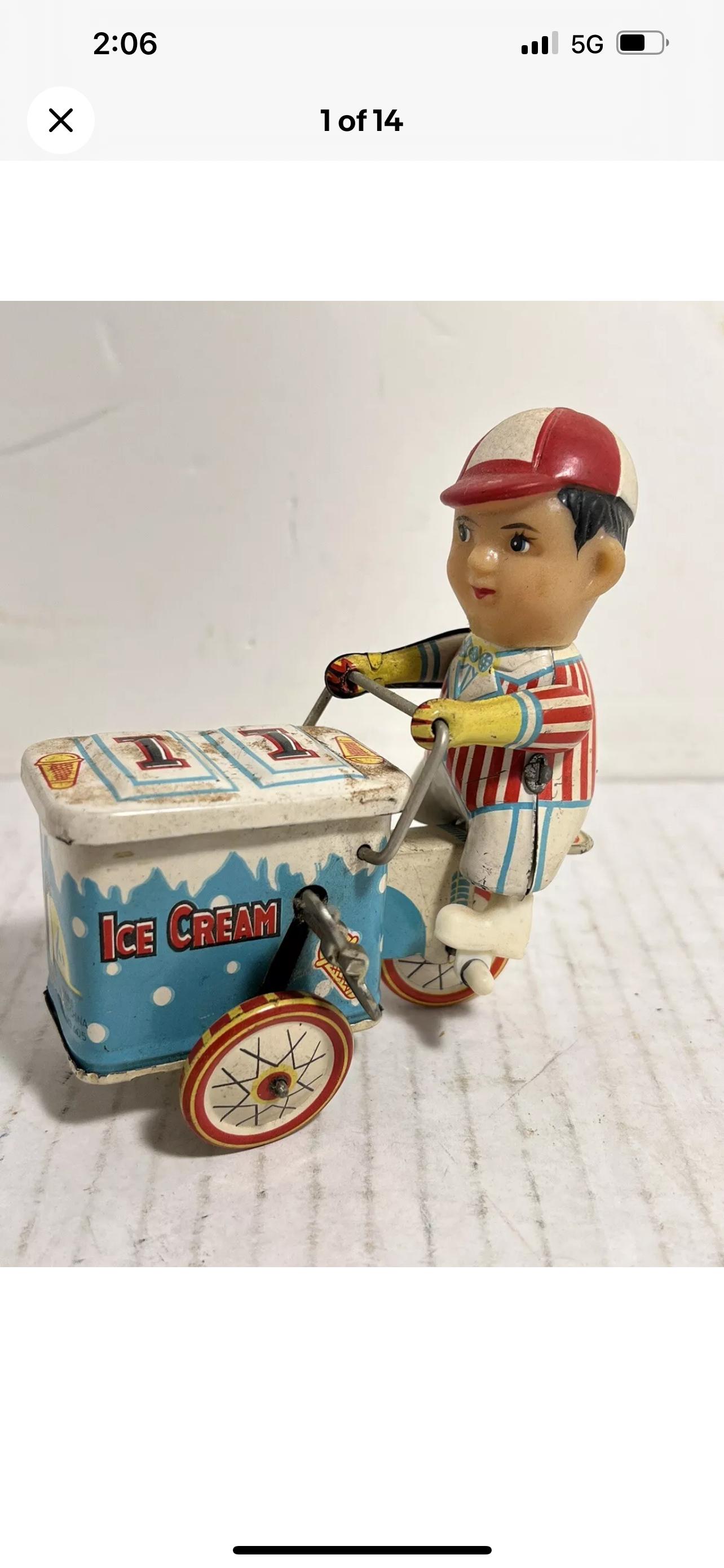 Vintage ICE CREAM VENDOR Wind-up Pedal Cart Tricycle Toy - 260