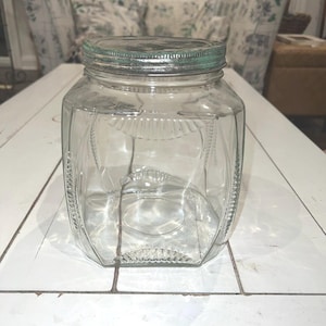 Vintage Gallon Hoosier Pantry Glass Square Design Geripptes Glas Grüner Deckel Art Deco