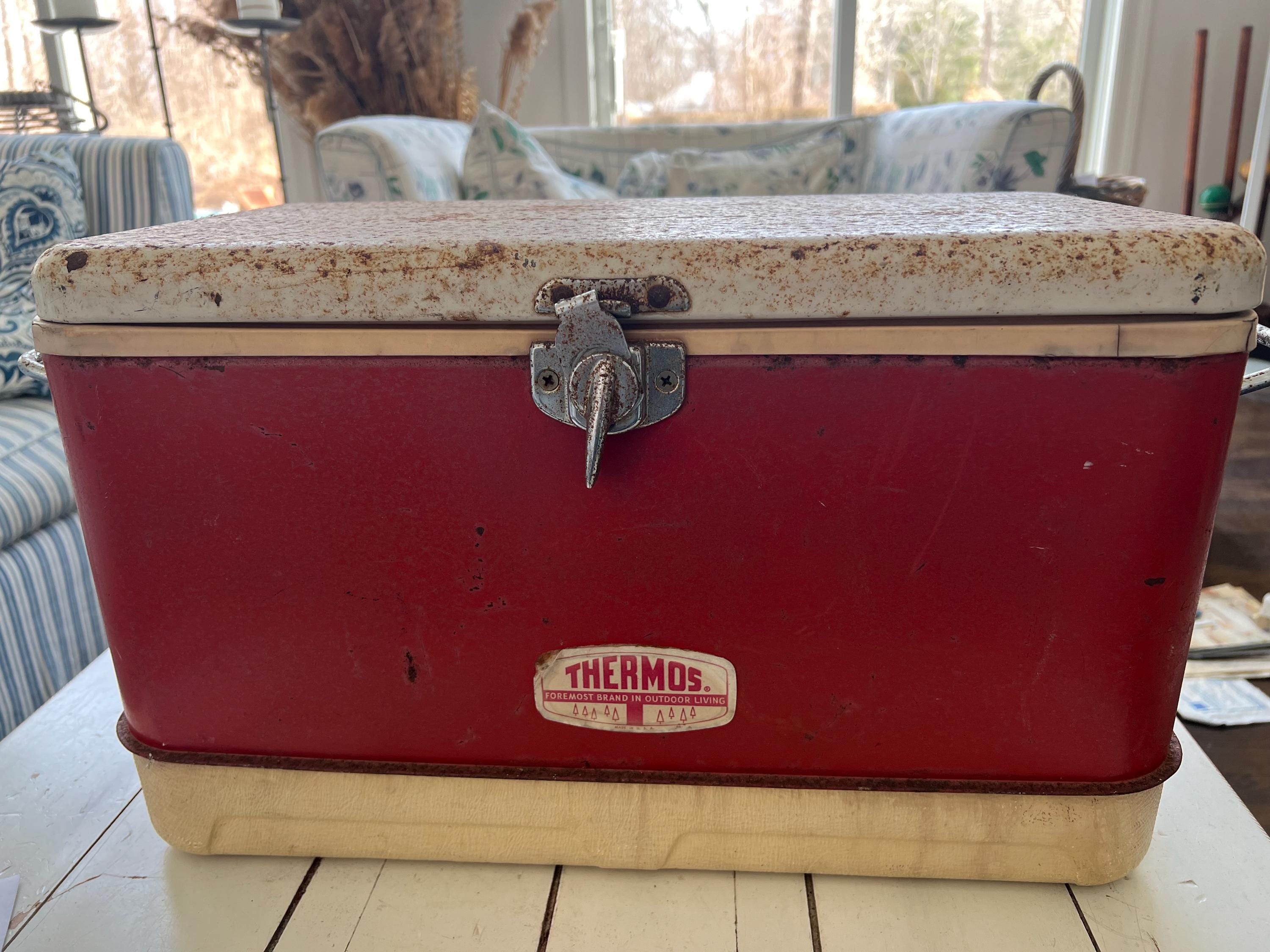 Vintage Thermos Large Red Metal Cooler Ice Box Chest With Drain