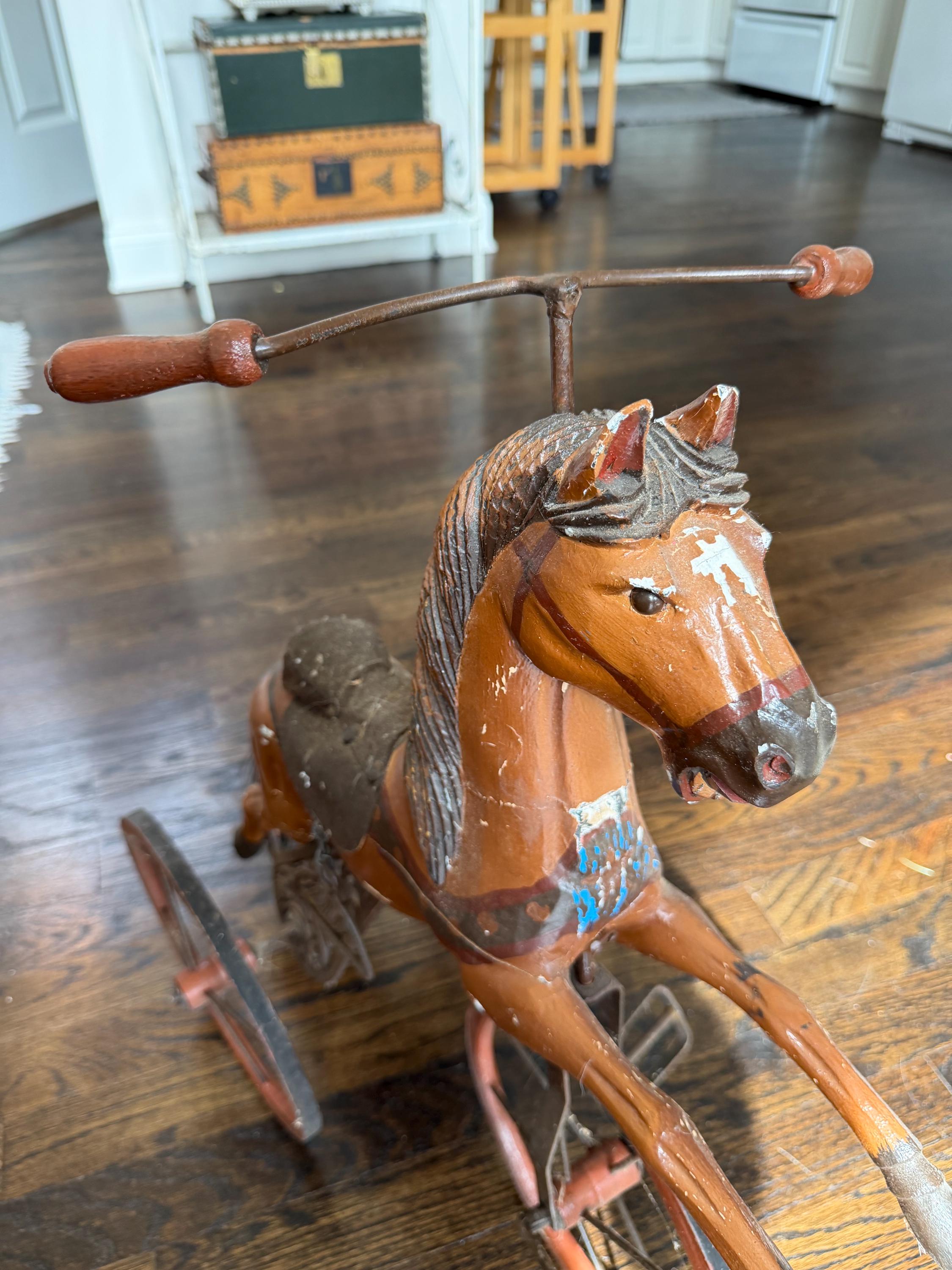 Antique Wooden Horse Tricycle Hand Carved and Painted Working