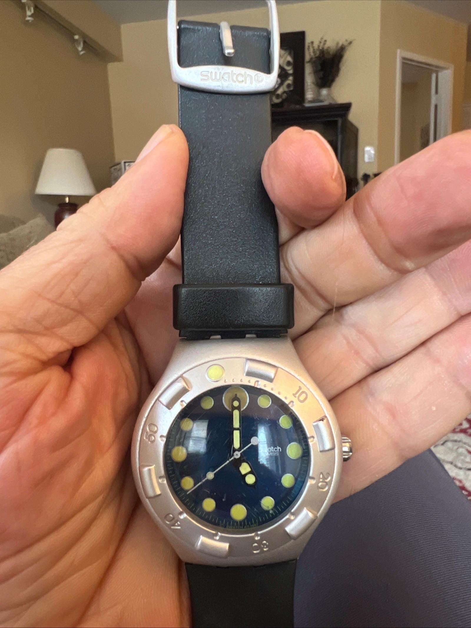 90s Swatch Irony Scuba 200 Watch, 1997 Blue Dial Green Dots Swiss