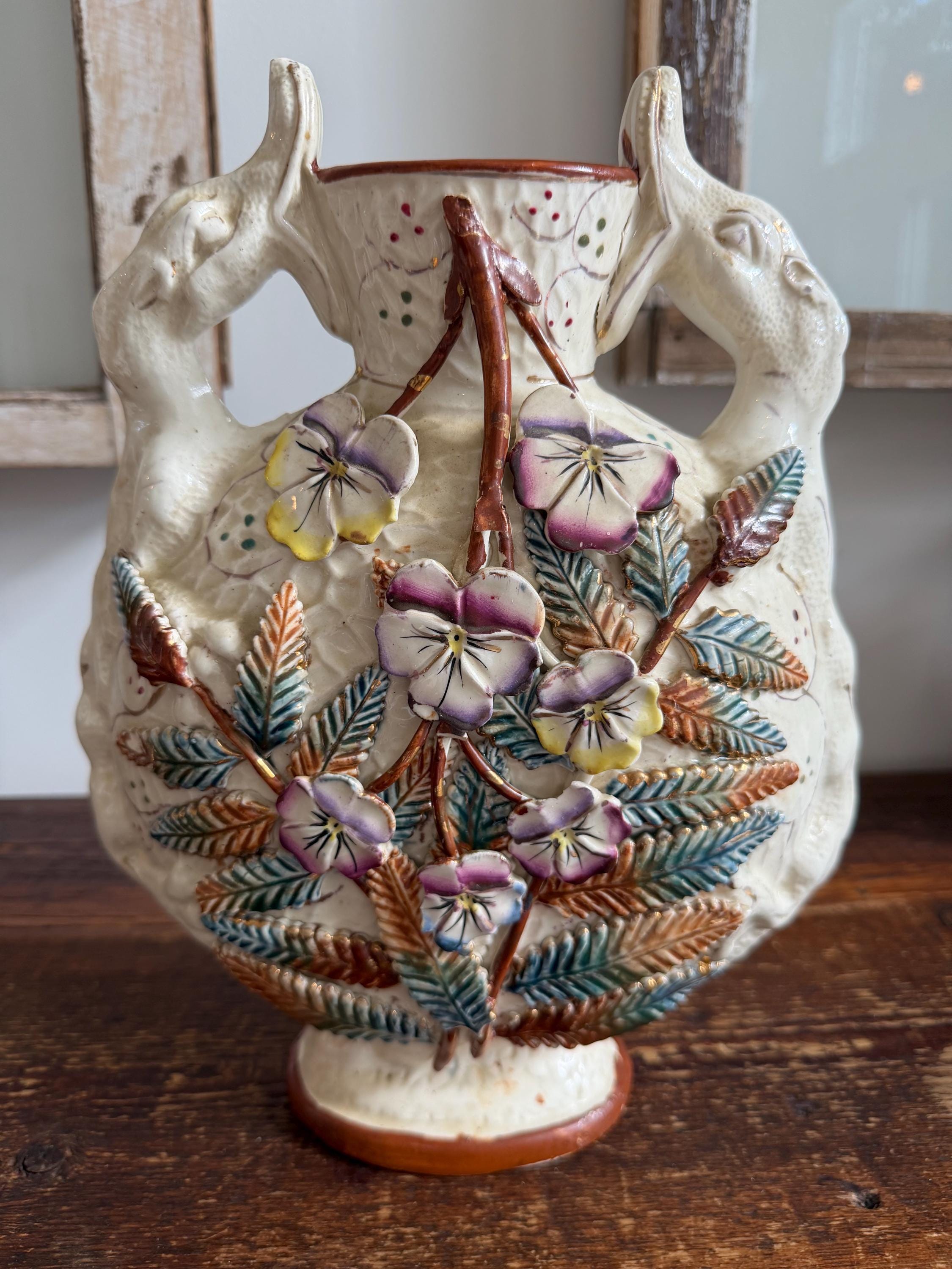 Antique 19th-century English Majolica Vase With Applied Pansies