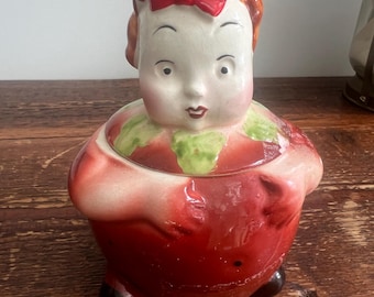 RARE unique vintage en céramique fraise bébé fille sucrier avec couvercle 5,2 pouces de haut