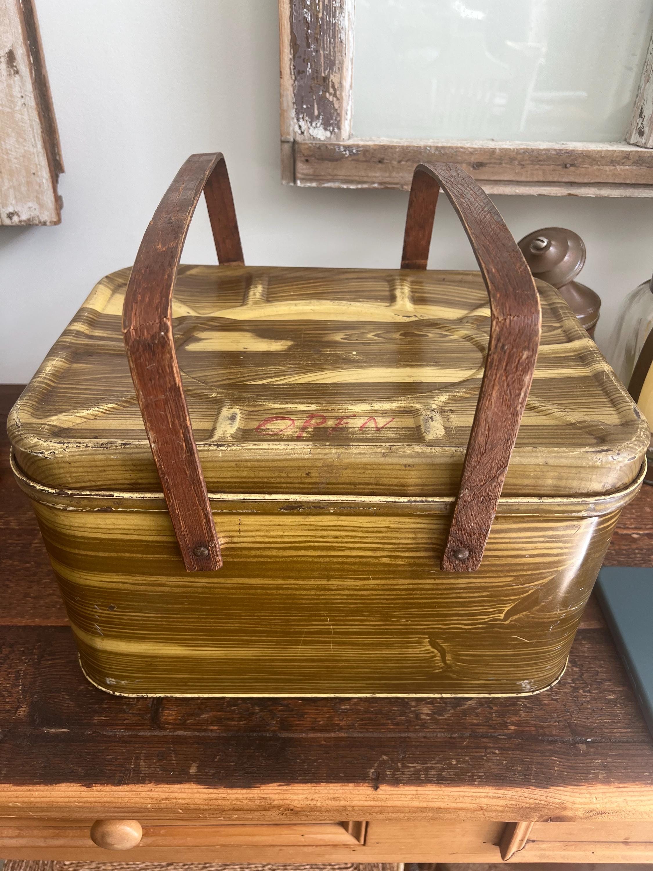 Vintage Brown Faux Wood Grain Metal Picnic Basket Box With Wood