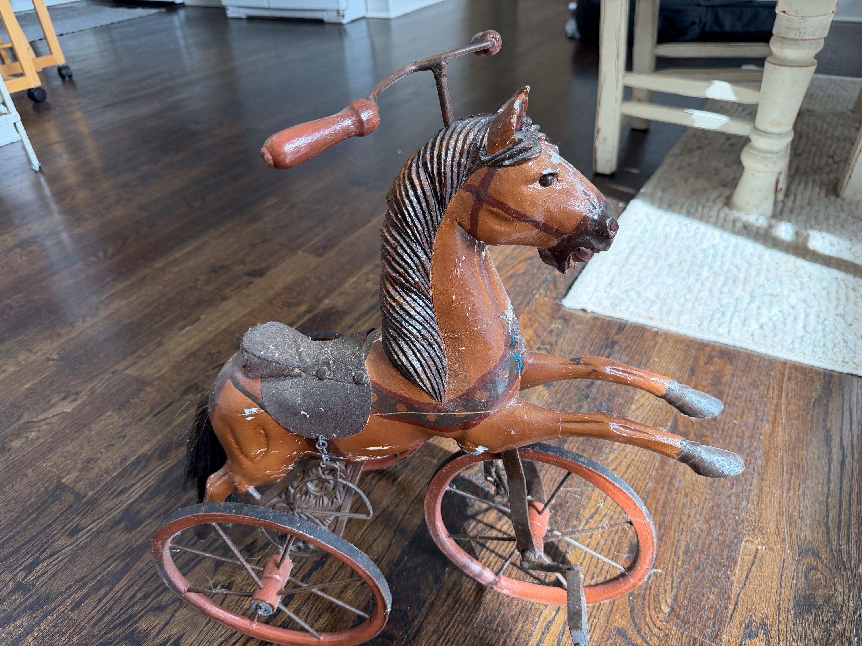 Antique Wooden Horse Tricycle Hand Carved and Painted Working