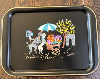 Vintage French Clement Poodle Dog Serving Tray Voila ! Nascho Tray, Paris Tole Painted, NY,French Poodle Tray, Painted Poodles, 1950&#39;s