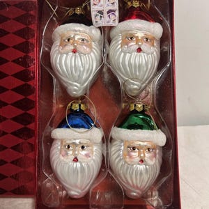 Christmas Glass Santa Ornaments Set of 4 Hand Painted 2004 Stamp Collection USPS