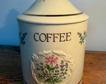 Een vintage Lenox Spice Garden keramische koffiebus met bloemmotieven. 1993