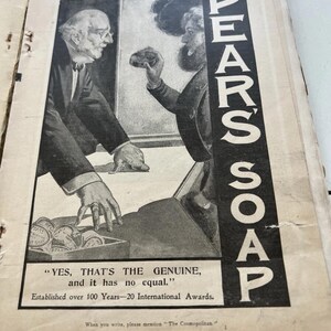 May include: A vintage advertisement for Pears' Soap from The Cosmopolitan magazine. The black and white illustration shows two men and a box of soap. The text reads: "Yes, that's the genuine, and it has no equal."