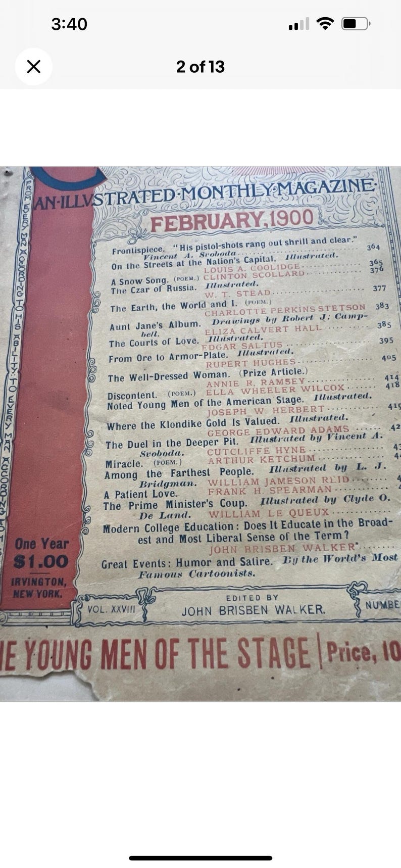 May include: A February 1900 edition of "An-Illustrated Monthly Magazine" in red and cream. The cover displays the title, date, and a table of contents. This vintage magazine is a historical publication.