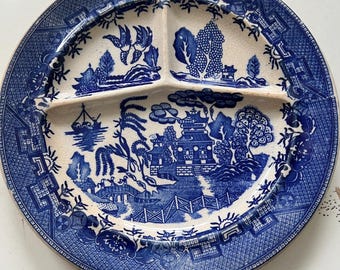 Antique Blue Willow Divided Plate Set: Moriyama Japan Transferware