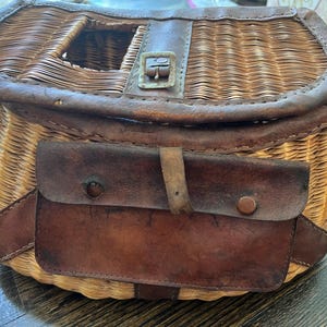 Vintage Fishing Creel Basket Japan Wicker Leather Cabin Decor Antique