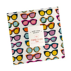 May include: A square fabric bundle featuring a repeating pattern of colorful sunglasses in various styles and colors, including yellow, orange, pink, and blue, on a white background. The label reads "RUBY STAR SOCIETY POOLSIDE too COLLABORATIVE COLLECTION."