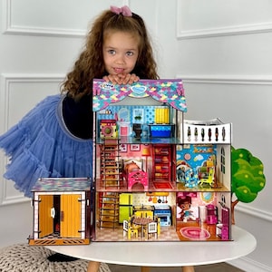 Wooden Doll House Only 3+ Years Old Tiny Wood Playhouse Gift for Daughter Montessori Doll House for Kids Wooden Dollhouse Birthday Gift