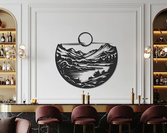 山の風景をモチーフにした金属製の壁アート、自然風景をモチーフにした屋外壁面彫刻、モダンなキャビン＆パティオの装飾、ミニマリストな山の家のデザイン