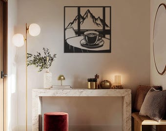 山の景色とコーヒーのメタルウォールアート、モダンなカフェの壁装飾、ミニマリストのコーヒー愛好家へのギフト、山の景色のメタルウォール彫刻