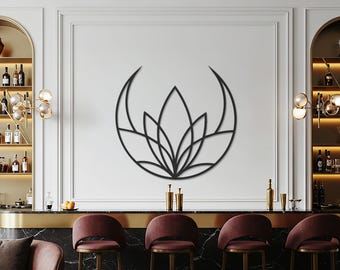 ロータスミニマリストメタルウォールアート、モダンな幾何学的な花のデザイン、エレガントなマンダラ風の装飾、家庭用の現代的な壁彫刻