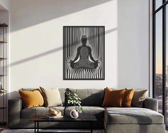 Arte murale in metallo Zen Balance, scultura lineare con silhouette meditativa, arredamento moderno e spirituale per la casa, design minimalista per pareti yoga per il soggiorno