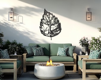 Metallväggkonst med lövträd, naturinspirerad väggdekor, botanisk metallskulptur för trädgårdsälskare, ekologisk present till hemmet eller uteplatsen
